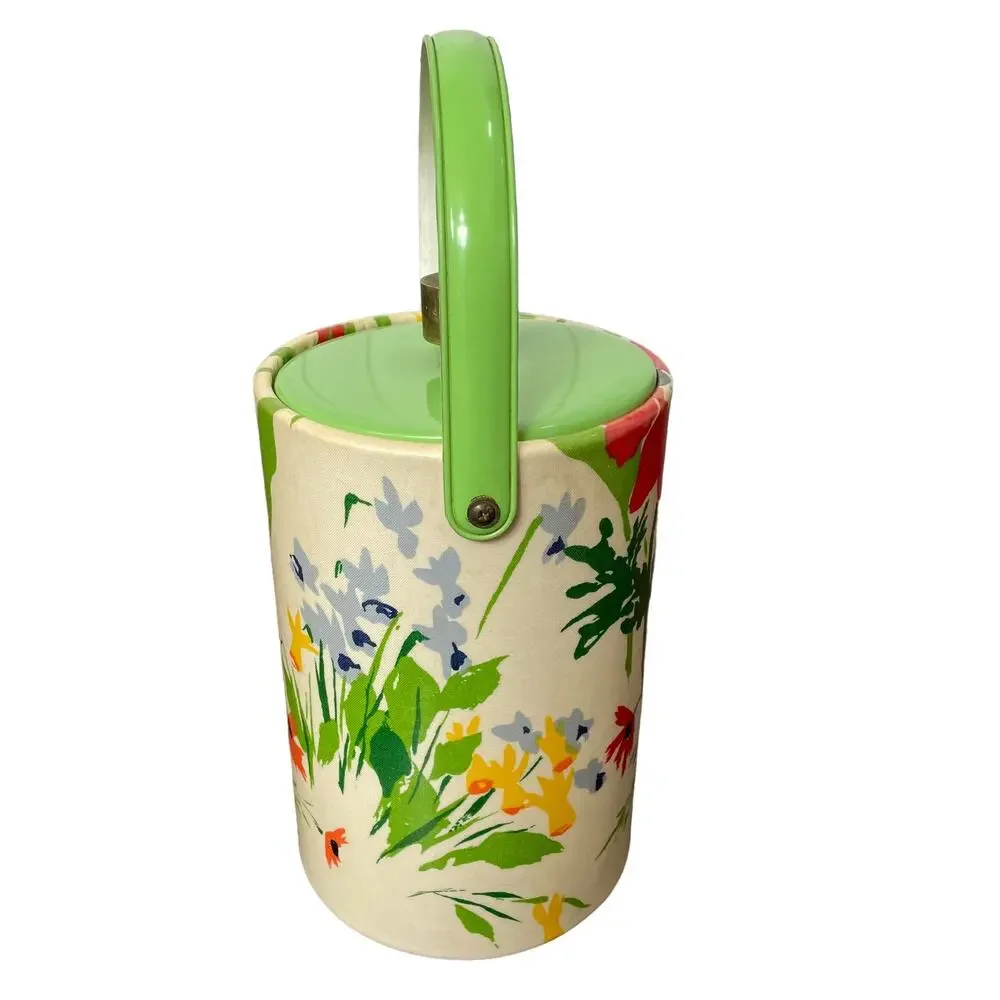 Vintage Vinyl Floral Ice Bucket MCM Retro Iris Spring Flower Big Insulated FLAW